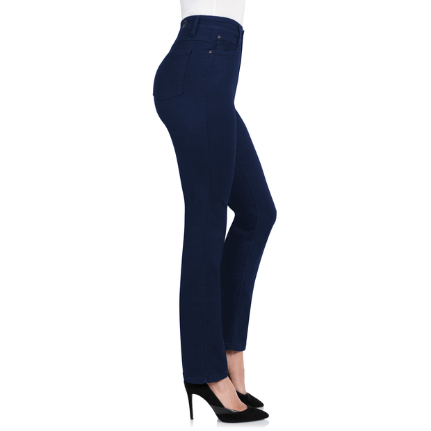 blauwe stretchbroek met hoge taile of high waist broek