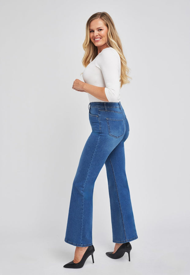 blauwe flare denim